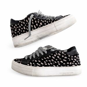 P448 Sneakers Tennis Shoe Black Calf Hair Animal Print 38 distressed worn look